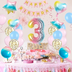40-inch gradient number 3 balloon set with banners and stars for birthday party decor