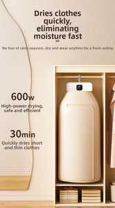 Detail of 600W portable clothes dryer hanging in a closet with a 30min drying cycle