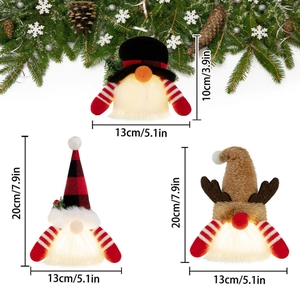 Three-piece set of plush Christmas gnomes with LED lights showing dimensions on white background