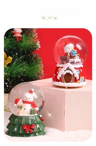 Detail of Christmas crystal ball music box with Santa and Snowman on faux fur rug