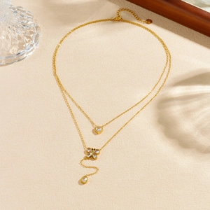 Double-layer gold plated S925 necklace with heart and butterfly zircon pendants