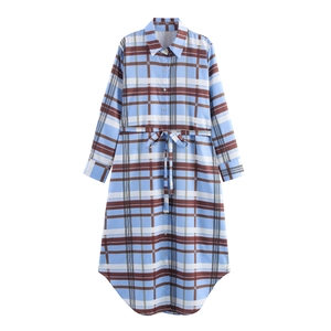 Women Plaid Shirt Dress Long Sleeve Turn-Down Collar Waist Tie Polyester Casual Elegant Maxi Button Down Shirt Dress