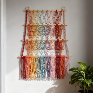 Three-layer rainbow macrame wall hanging shelf with handmade cotton rope tassels