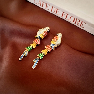 Luxury gold-plated colorful parrot tassel earrings with sparkling crystals and enamel