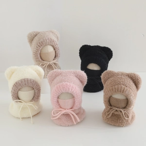 Winter plush fleece hooded scarf with bear ears for children in five assorted colors