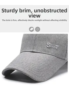 Detail of the grey baseball cap featuring the firm brim and SPORT letter embroidery