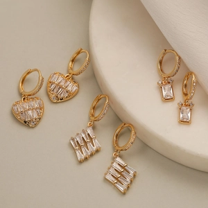 Heart Zircon Copper Dangle Earrings 18K Gold Plated Geometric Sparkling Light Luxury Commuting Fashion Jewelry For Women