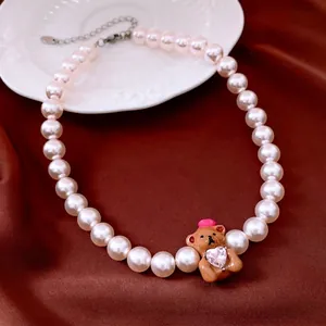 Sweet Artificial Pearl Necklace With Cute Brown Bear Pendant Heart Pink Crystal Alloy Glass Artificial Pearl Clavicle Chain For Women