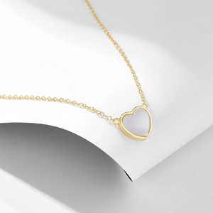 Heart Pendant Necklace 925 Sterling Silver White Mother Of Artificial Pearl Inlay Minimalist Elegant Jewelry For Women
