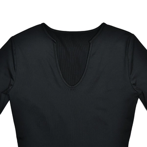 Detailed view of women's black long sleeve bodysuit with soft fabric and V-neckline