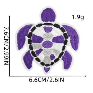 Detailed size view of the purple sea turtle embroidered patch showing dimensions and weight