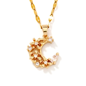 Elegant gold crescent moon necklace with micro-set zircon flowers and minimalist design