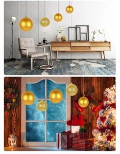 Detail of gold matte and glitter Christmas balls shown in a modern living room and festive window