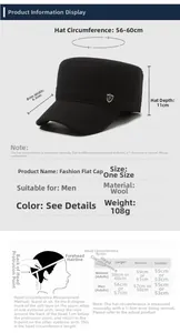 Size chart showing 56-60cm circumference for men's warm wool blend military winter cap