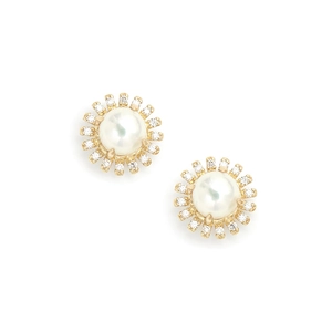Detail of sunflower stud earrings with pearl centers and zircon petals in gold finish