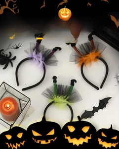 Detailed set of Halloween witch leg headbands in purple, orange, and green with feathers