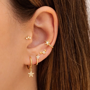 Sparkling gold star and crown earrings set with zircon for women’s ear styling