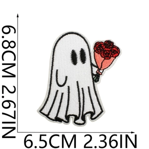 Ghost embroidery patch holding a red rose with precise dimensions 6.8x6.5cm