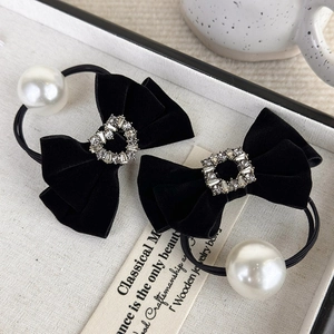 Elegant vintage black velvet bow hair ties with rhinestone hearts and pearls