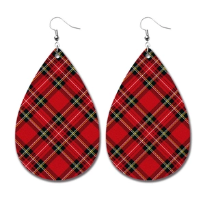Detail of red and black buffalo plaid teardrop faux leather earrings with silver hooks