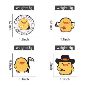 Detailed view of four cartoon yellow duck enamel pins with dimensions and weight data