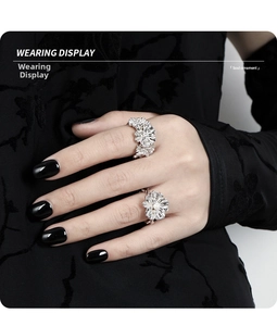 Detailed close-up of S925 sterling silver floral rings with intricate pearl and diamond inlay