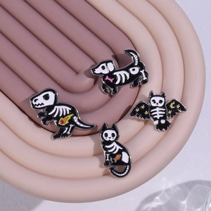 Cartoon animal skeleton enamel pins featuring cat, dinosaur, dog, and owl designs