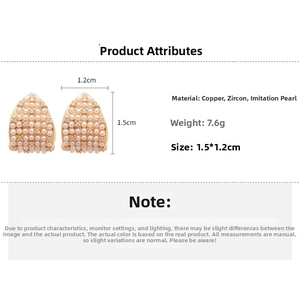 Detailed view of gold pearl earrings with zircon inlay showing size and weight specs