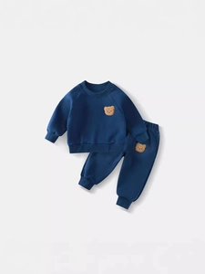 Children's dark blue tracksuit with cute teddy bear embroidery and ribbed cuffs
