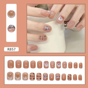 Cute short square press-on nails set with cartoon bear and heart patterns on pink base