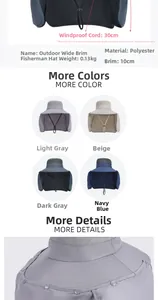 Outdoor sun hat features with 10cm wide brim and 30cm wind rope in four colors