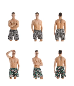 Detail showing tropical hibiscus print and classic leopard pattern on beach shorts