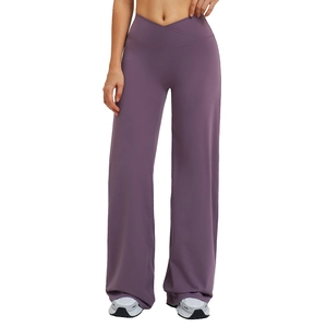 Pantalon de yoga évasé violet fumé avec taille croisée en V pour femmes et sport chic