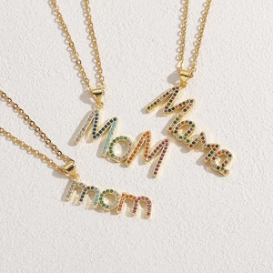 Gold 14K plated stainless steel necklaces with Mom and Mama pendants featuring colorful zircon