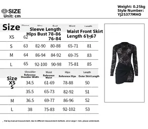 Size chart showing XS to L measurements for lace bodycon dress and skirt set in cm