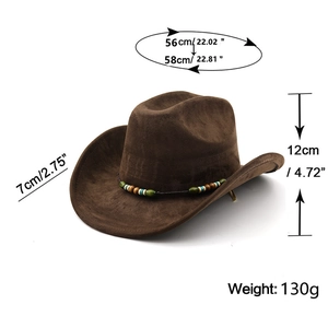 Brown faux suede cowboy hat with beaded band showing detailed dimensions and measurements