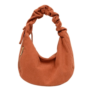 Orange brown corduroy crescent bag with drawstring pleated shoulder strap for women