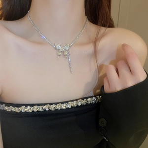 Elegant silver butterfly tassel necklace with pavé crystal zircon for women