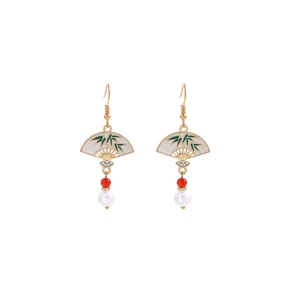 Detail of fan-shaped earring with green bamboo motif, red bead and drop pearl