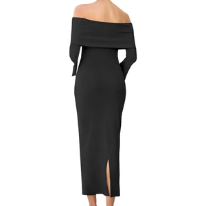 Detail of the back slit design on a black off-shoulder maternity knitted maxi dress