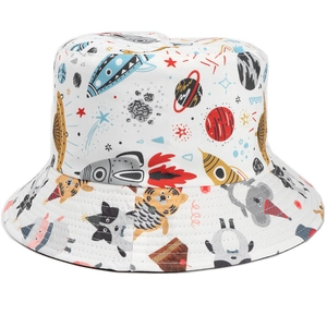 Kids reversible sun hat with space rocket and cute animal prints on white cotton fabric