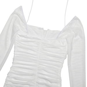 Detail of white square neck mesh mini dress with elegant ruched chest design and long sleeves