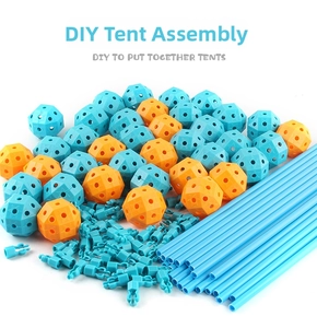 Detail view of colorful DIY building tent set with blue and orange connector balls and rods