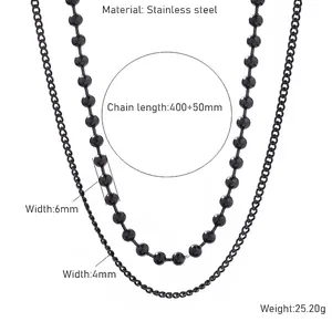 Double-layered black stainless steel bead necklace with vintage finish for men