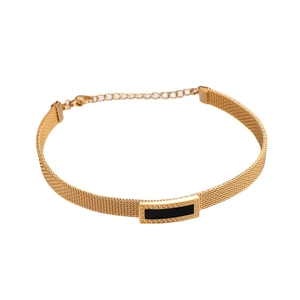Gold mesh steel bracelet with black rectangular centerpiece and Greek fret pattern design