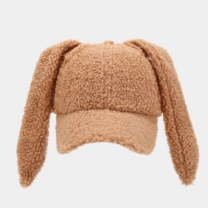Brown fleece baseball cap featuring cute long rabbit ears for winter warmth