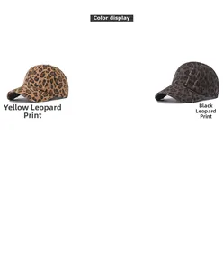 Detailed comparison of yellow and black leopard print baseball caps with distressed finish