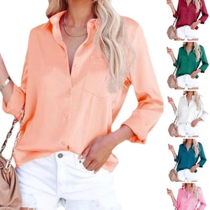Chemisier Élégant En Satin Pour Femmes Col En V Manches Longues Boutonné Bureau Business Haut Aspect Satin Avec Poche