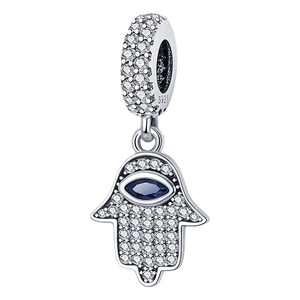 Silver Hamsa Hand charm with blue gemstone and sparkling crystals for charm bracelets