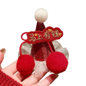 New Year red mini glitter hat hair clip with white pom-poms and traditional embroidery